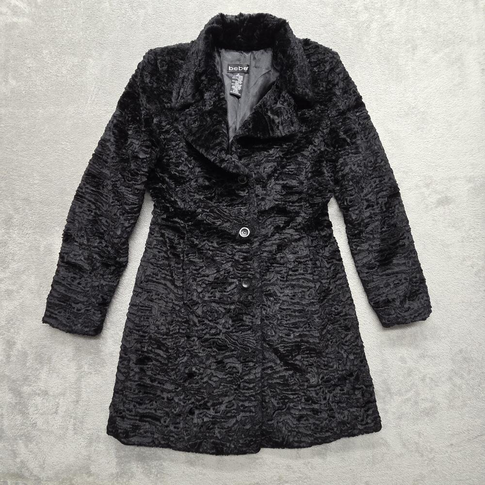 Bebe Coat Womens M Black Faux Fur Pea Coat Lined Pockets Button Mid-Length